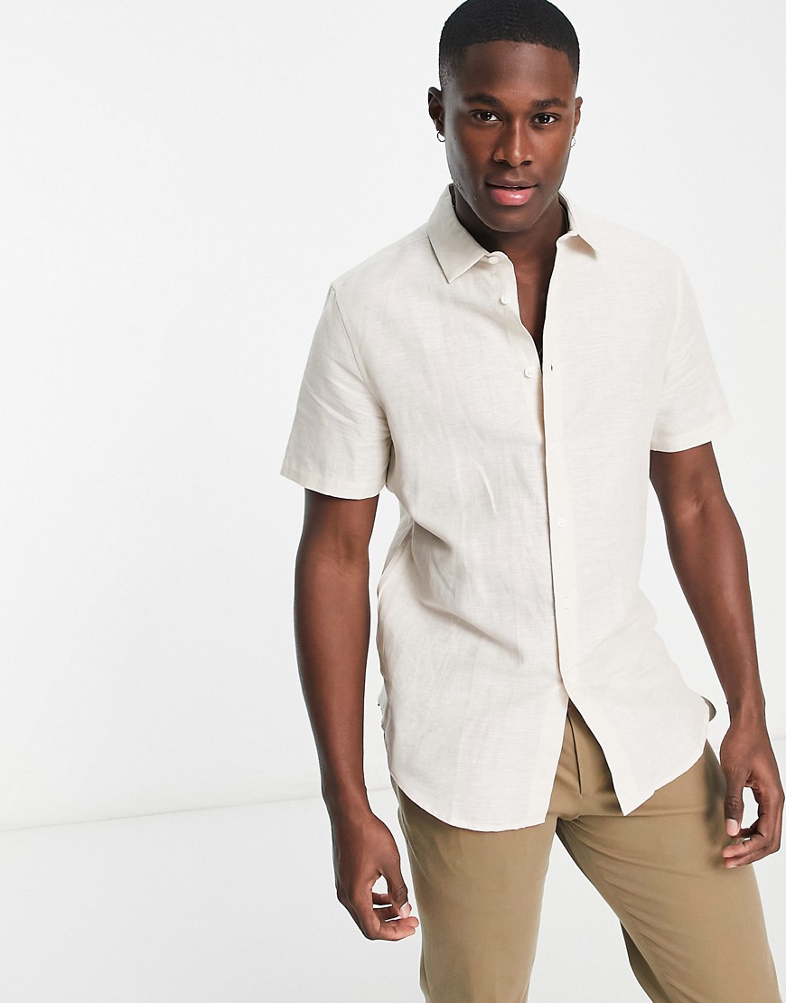 Asos Design Regular Linen Mix Shirt In Ecru-neutral