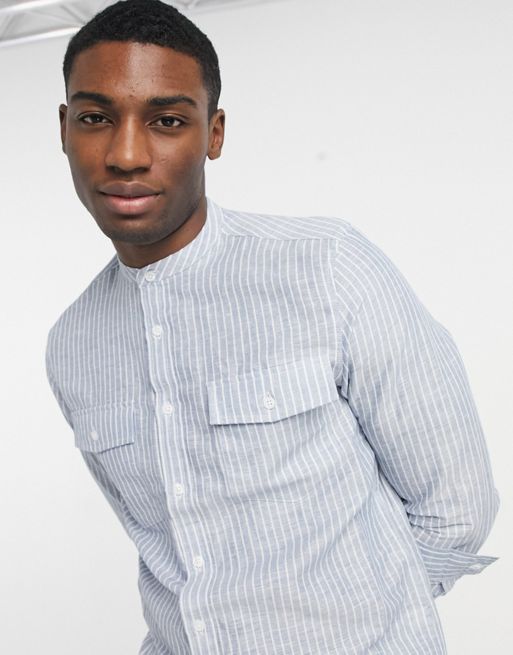 ASOS DESIGN regular linen mix shirt with band collar in blue stripe | ASOS