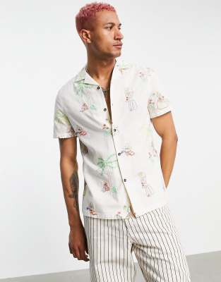 ASOS DESIGN regular linen mix shirt with embroidery sombero print