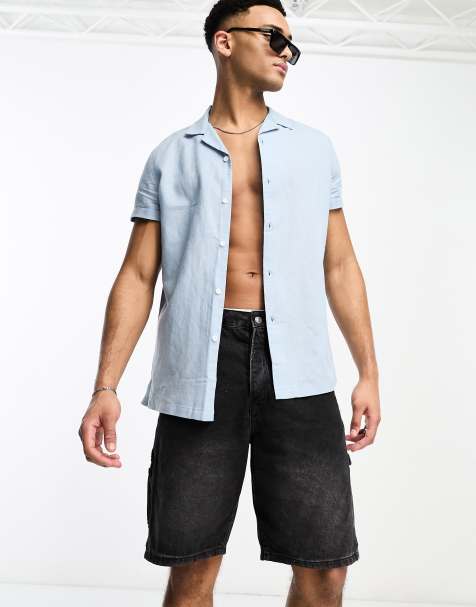 ASOS DESIGN regular linen revere shirt with roll sleeves in dusty blue - view 1