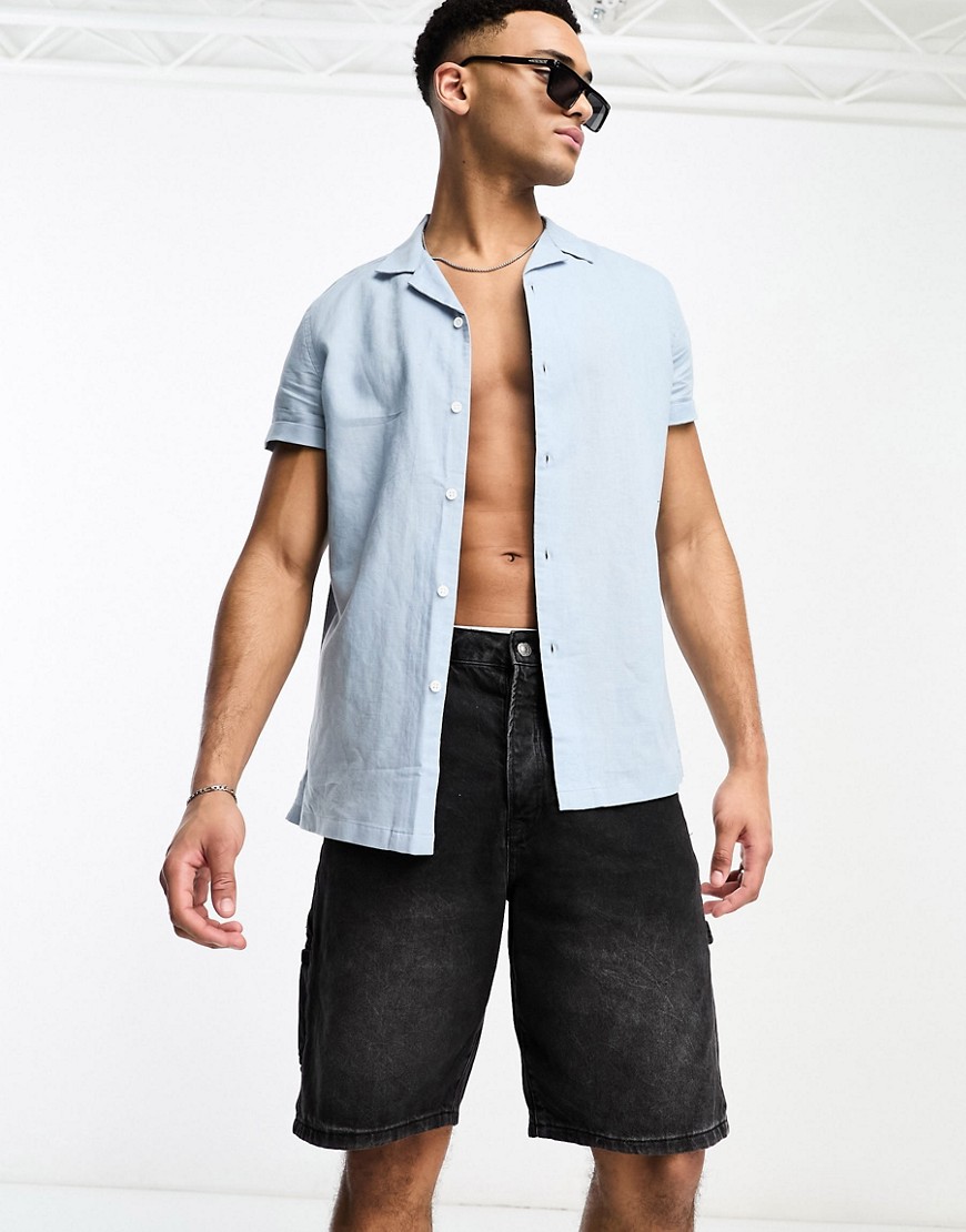 ASOS DESIGN regular linen revere shirt with roll sleeves in dusty blue