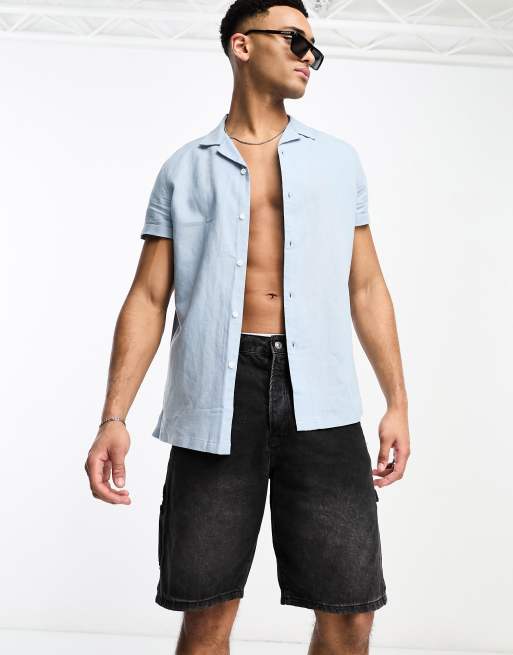 ASOS DESIGN regular linen revere shirt with roll sleeves in dusty blue ...