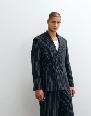 Asos Design Regular Linen Rich Suit Jacket With Wrap Tie Waist In Blue