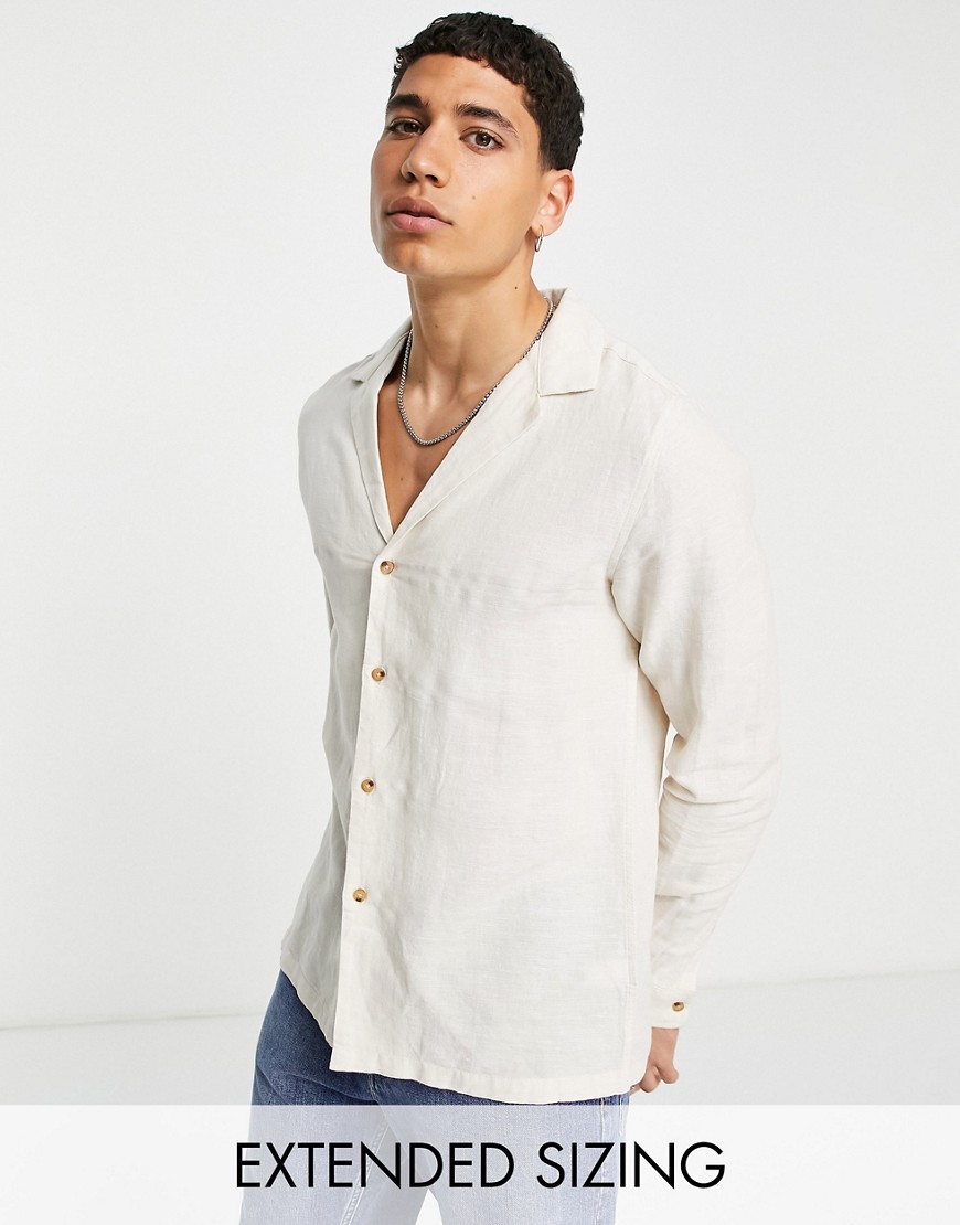 ASOS DESIGN regular linen shirt with deep revere collar in stone-Neutral