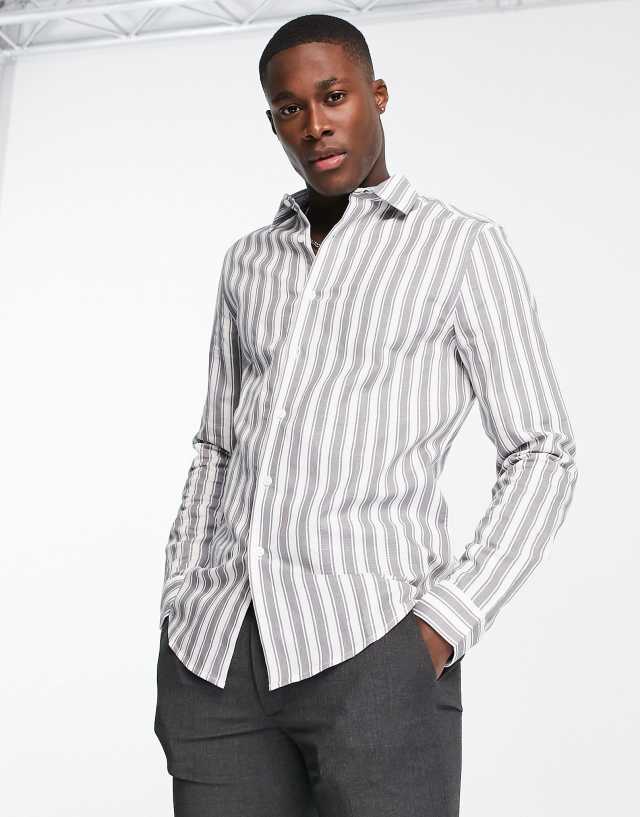 ASOS DESIGN regular linen stripe work shirt in gray