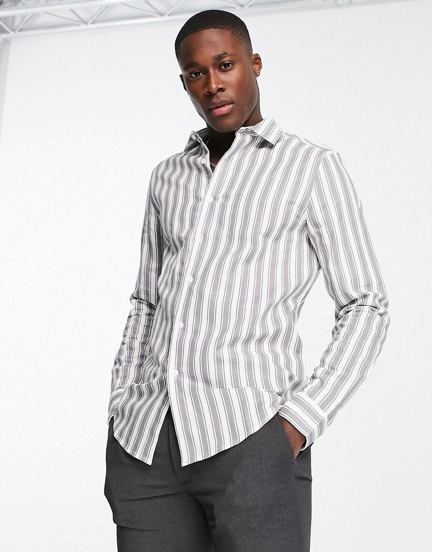 ASOS DESIGN regular linen stripe work shirt in grey