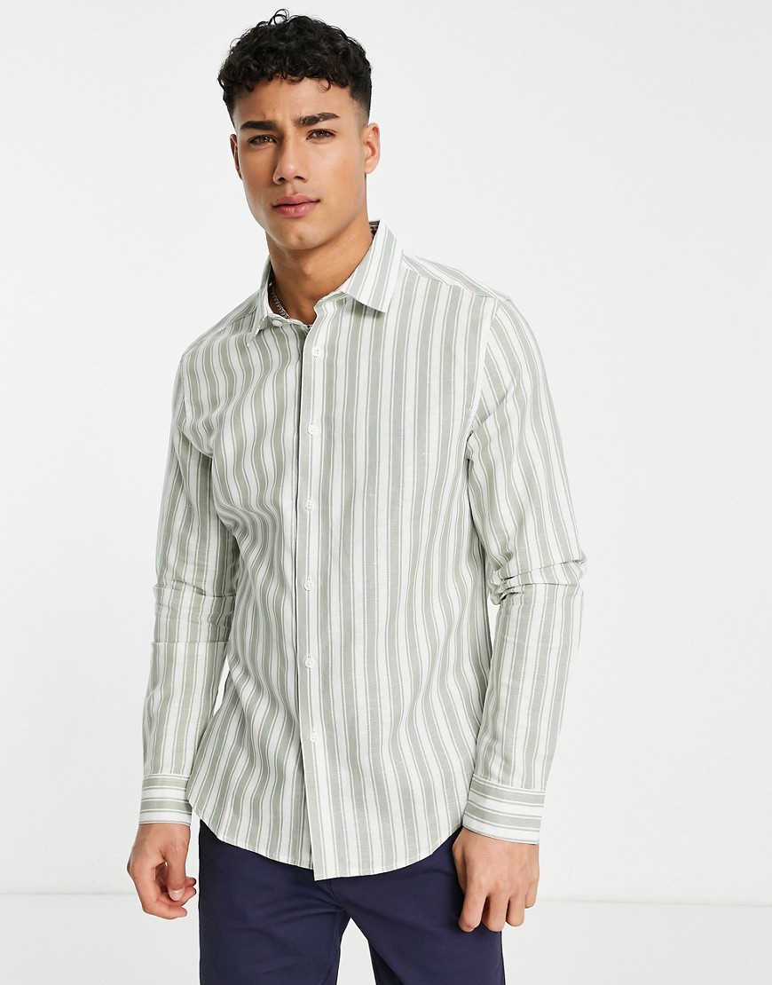 ASOS DESIGN regular linen stripe work shirt in sage green