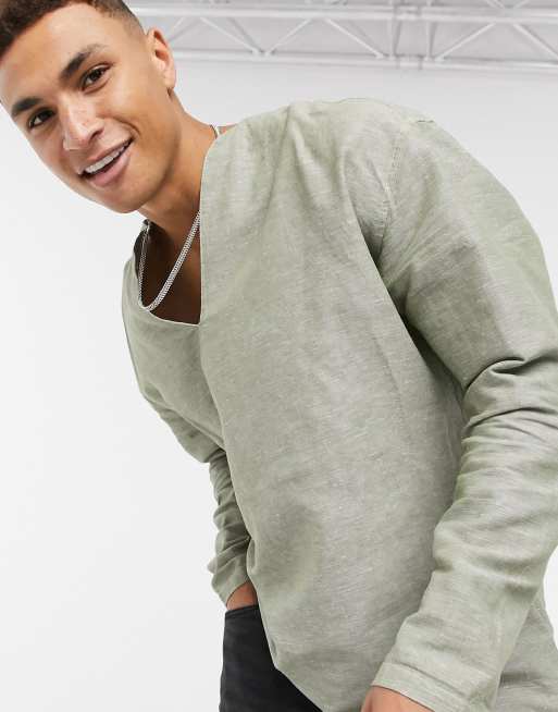 ASOS DESIGN regular overhead linen shirt in khaki | ASOS
