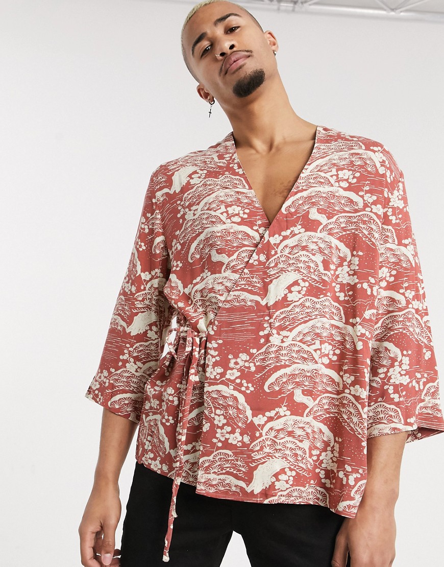 ASOS DESIGN - Regular overhemd met overslag en print in roze