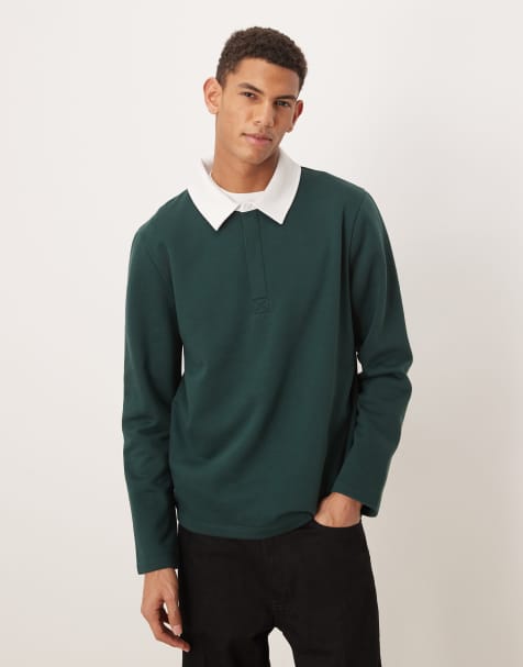 ASOS DESIGN regular polo sweatshirt with contrast collar in green - view 1