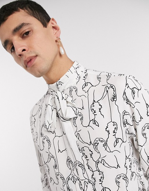 ASOS DESIGN regular pussybow shirt in scribble face print