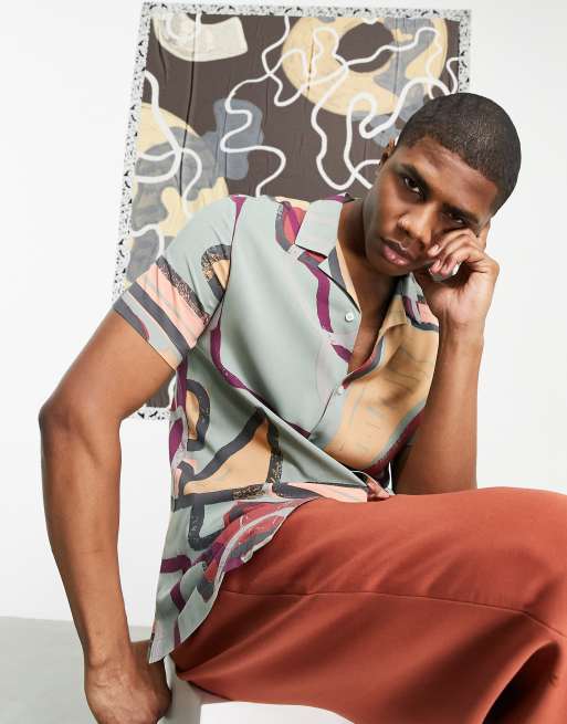 ASOS DESIGN regular revere abstract geo print shirt in sage green, 3 of 4