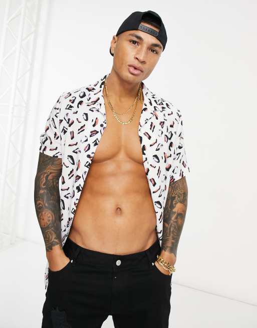 ASOS DESIGN regular revere animal skin paintstroke spot shirt in white, 4 of 4