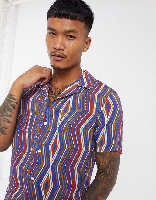 ASOS DESIGN regular revere aztec stripe shirt in blue and orange pattern