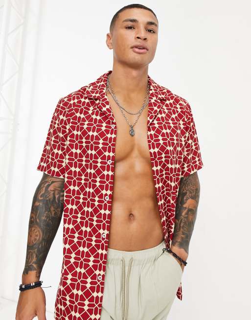 ASOS DESIGN regular revere geo tile print shirt in red | ASOS