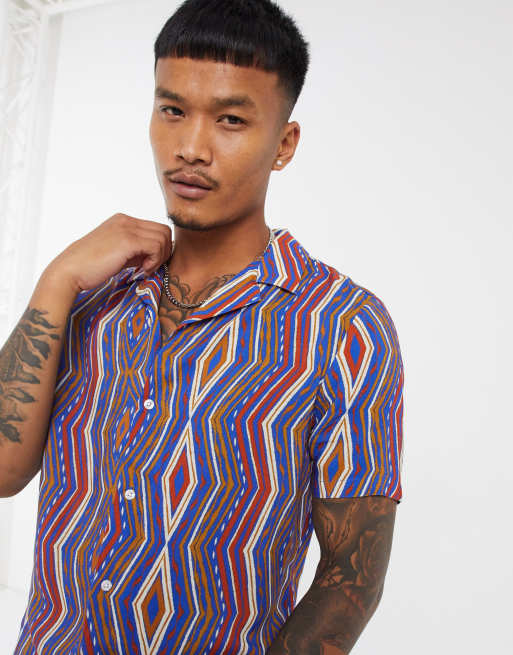 ASOS DESIGN regular revere geotribal stripe shirt in blue and orange