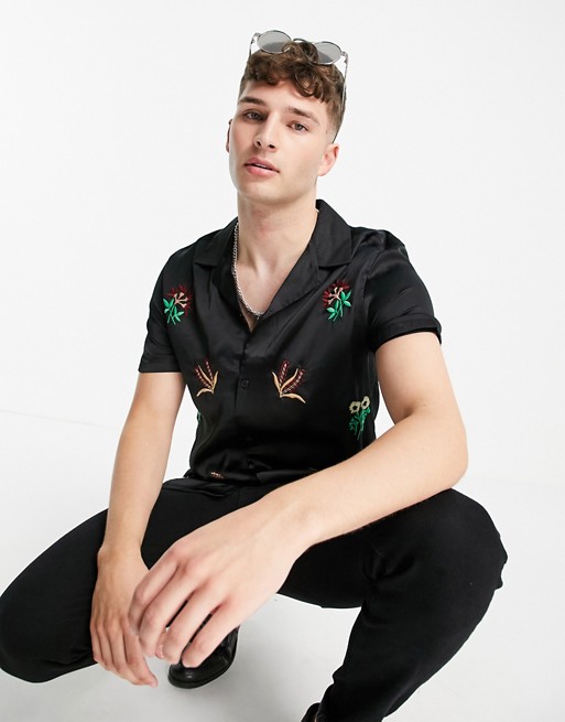 ASOS DESIGN regular revere satin shirt in black with embroidery detail