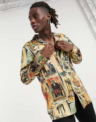 ASOS DESIGN REGULAR REVERE SATIN SHIRT IN TAROT READER VINTAGE PRINT-BROWN LS FATED