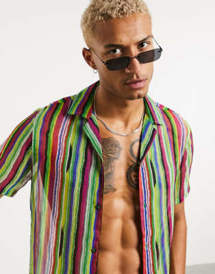 ASOS DESIGN regular revere sheer shirt in rainbow stripe print | ASOS