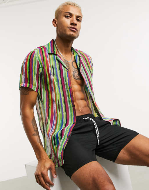 ASOS DESIGN regular revere sheer shirt in rainbow stripe print | ASOS