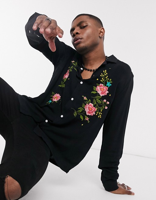 ASOS DESIGN regular revere shirt in floral embroidery chest placement