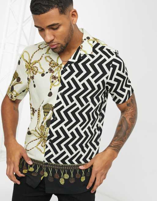 Asos Design Regular Revere Shirt In Half And Half Geo Print Asos