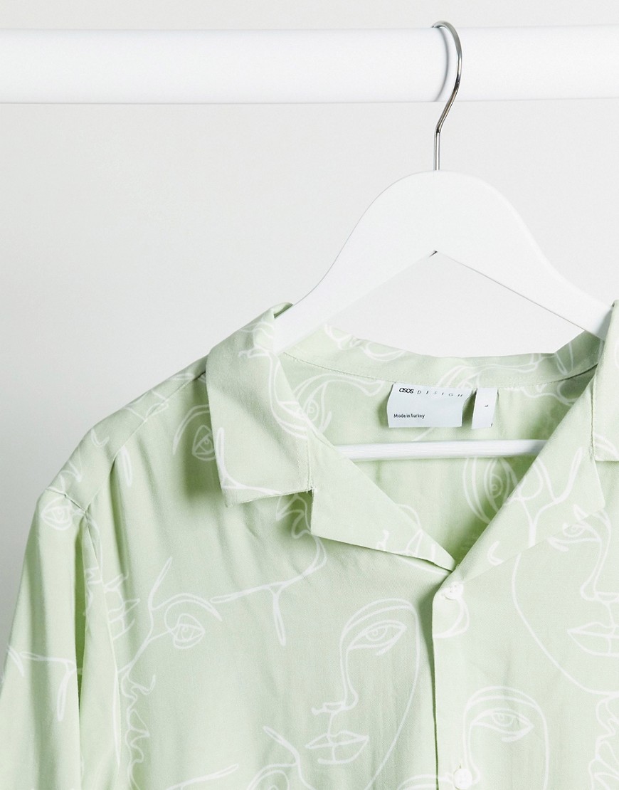 ASOS DESIGN regular revere shirt in sage green face print