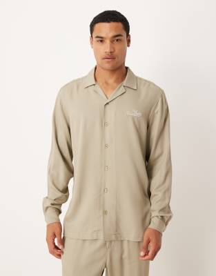 Asos Design Regular Revere Shirt With Chest Embroidery In Brown