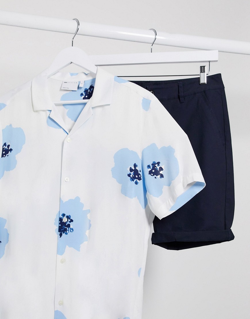 ASOS DESIGN regular revere shirt with large scale blue floral-White