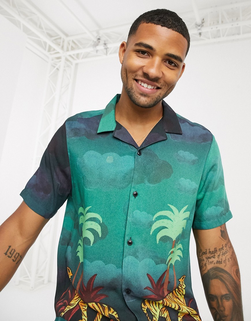 ASOS DESIGN regular revere viscose shirt in palm scenic print-Green