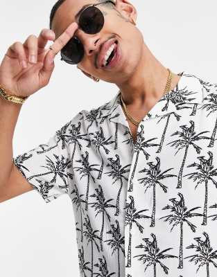 ASOS DESIGN regular revere white shirt in palm sketch print - ASOS Price Checker