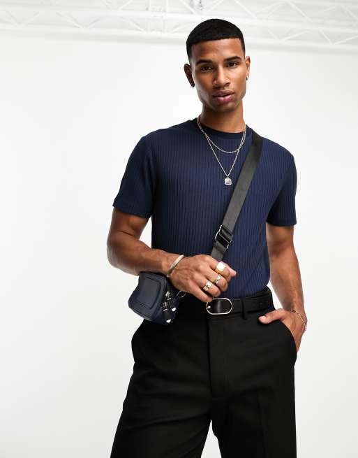 ASOS DESIGN regular  ribbed crew neck t-shirt in navy 