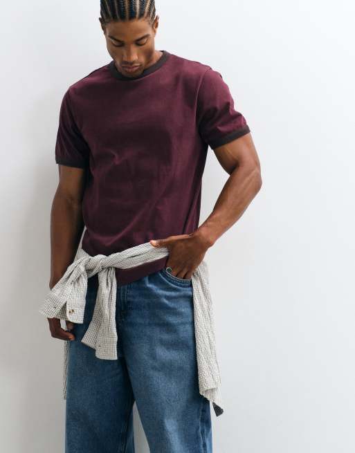 ASOS DESIGN regular ringer T-shirt in washed burgundy, 4 of 5