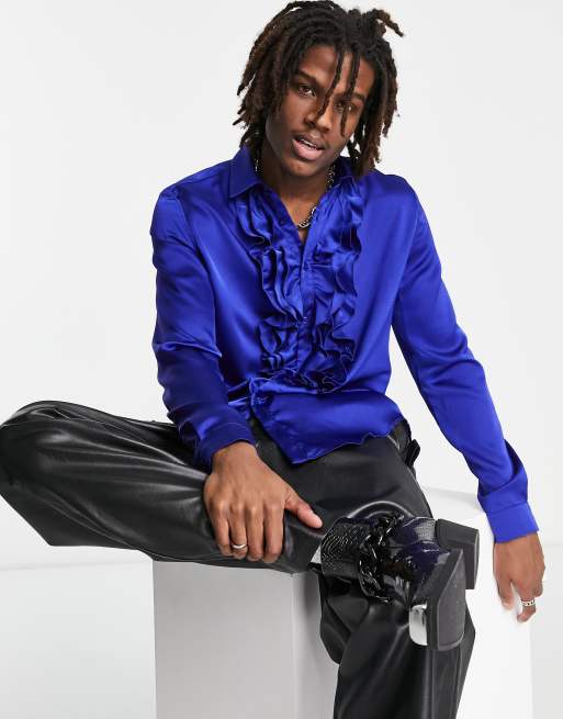 ASOS DESIGN - Regular satijnen overhemd met ruches aan de voorkant in blauw 