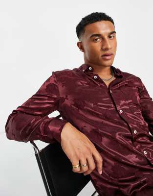 ASOS DESIGN regular satin rose jacquard shirt in burgundy | ASOS