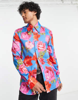 ASOS DESIGN regular satin shirt with 70s collar in blue floral