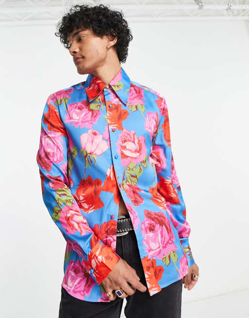 ASOS DESIGN regular satin shirt with 70s collar in blue floral