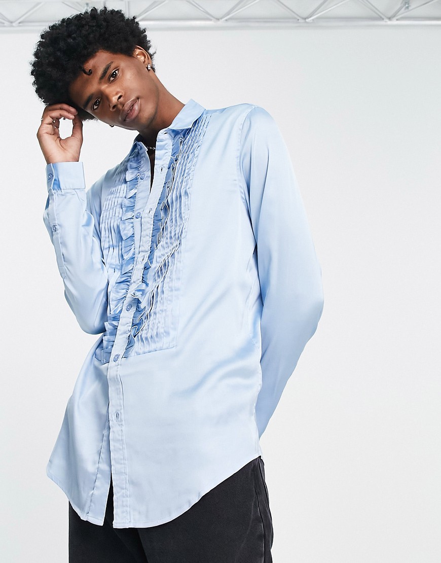 ASOS DESIGN regular satin shirt with 70s ruffle front in recycled polyester in blue