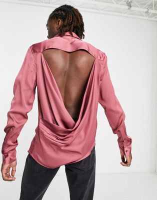 ASOS DESIGN regular satin shirt with cut out back in coral