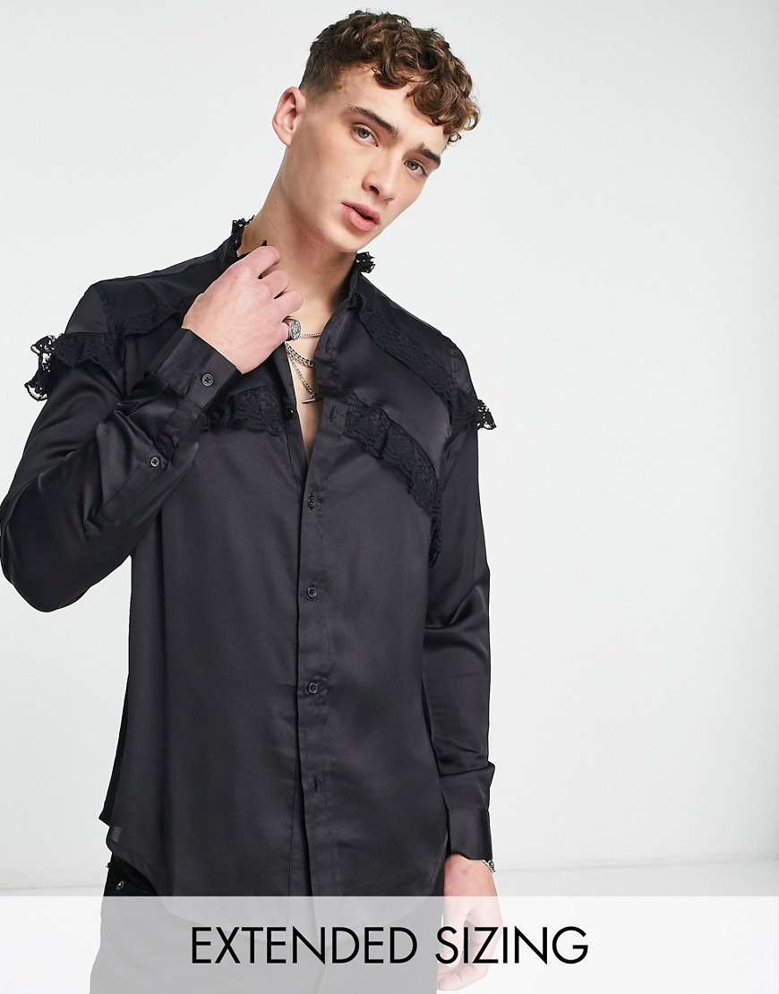 ASOS DESIGN regular satin shirt with lace frill in black