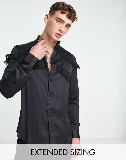 ASOS DESIGN regular lace shirt with tie neck and blouson sleeve in black