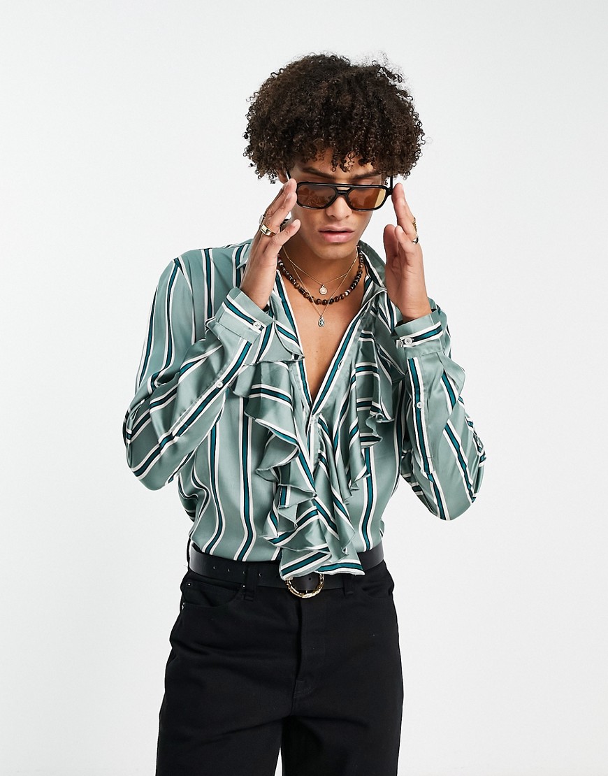 ASOS DESIGN regular satin shirt with ruffle front detail in green stripe