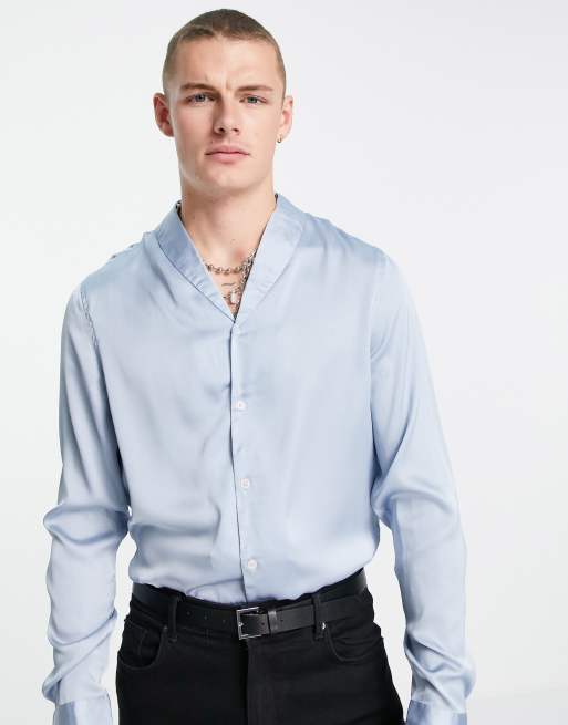 ASOS DESIGN regular satin shirt with shawl neck in blue | ASOS