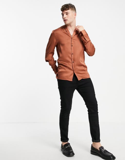 ASOS DESIGN skinny satin shirt in copper