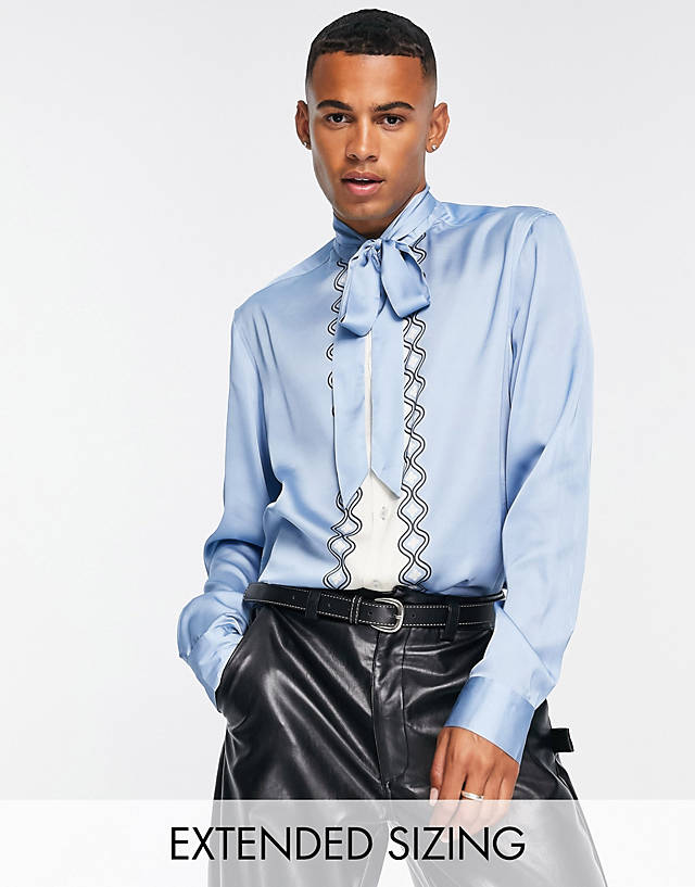 ASOS DESIGN - regular satin shirt with tie neck in blue border print
