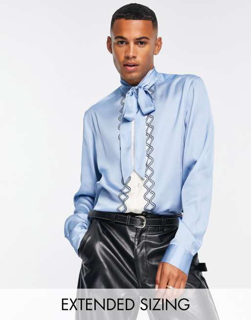 ASOS DESIGN regular satin shirt with tie neck in blue border print