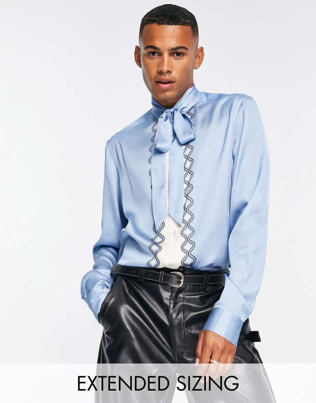 ASOS DESIGN - regular satin shirt with tie neck in blue border print