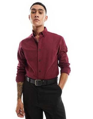 ASOS DESIGN regular satin rose jacquard shirt in burgundy