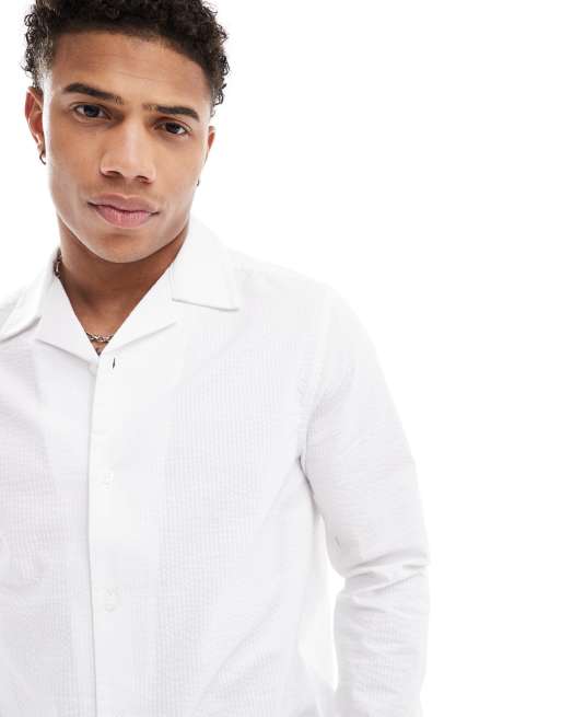 ASOS DESIGN regular seersucker shirt with wide revere collar in white, 2 of 4