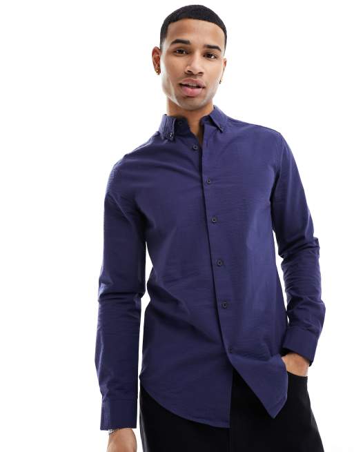 TOPMAN Slim Fit Contrast Cuff Short Sleeve Button-up Shirt in Blue